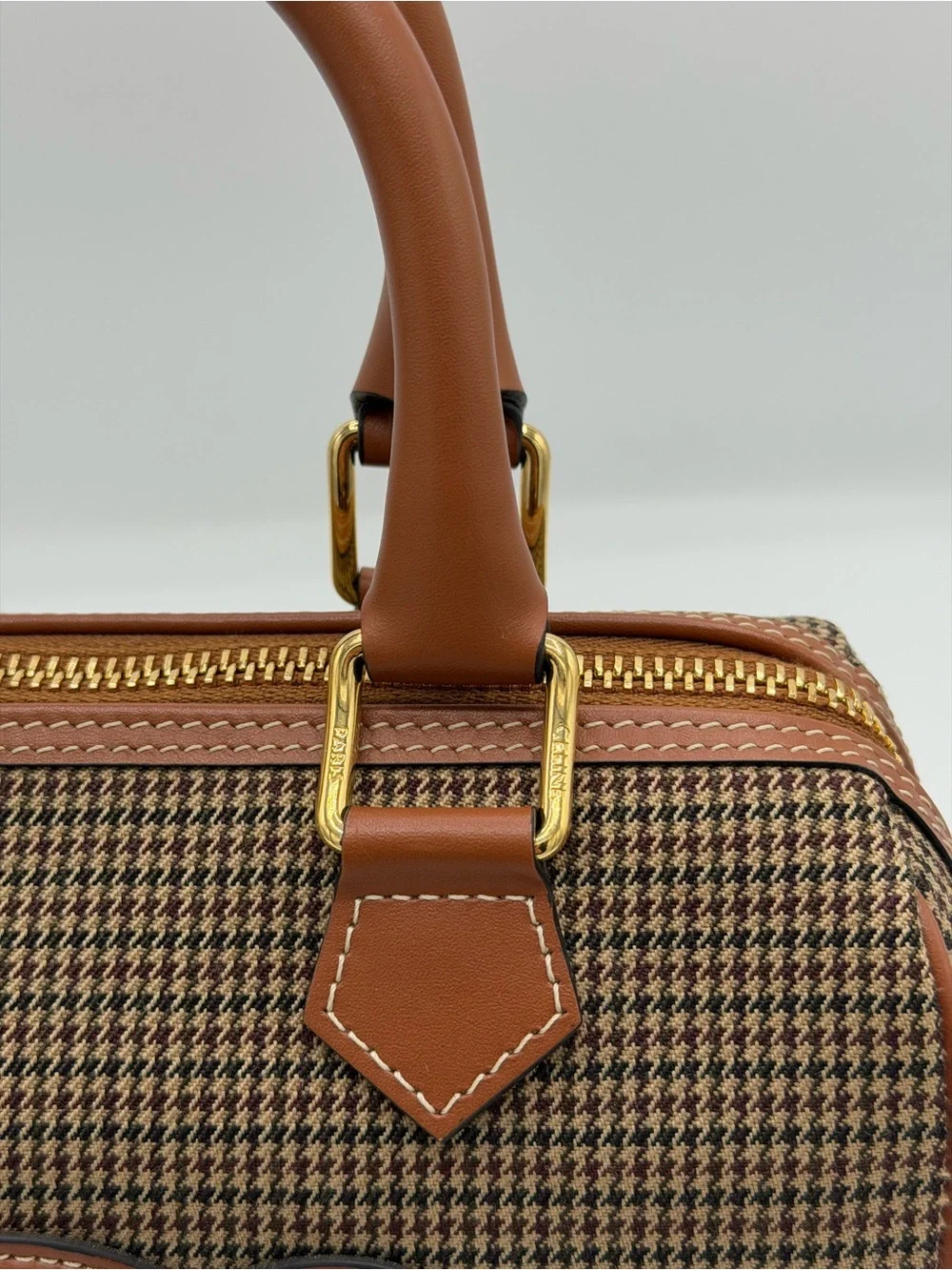 Celine Brown Houndstooth Satchel with Tan Leather Trim